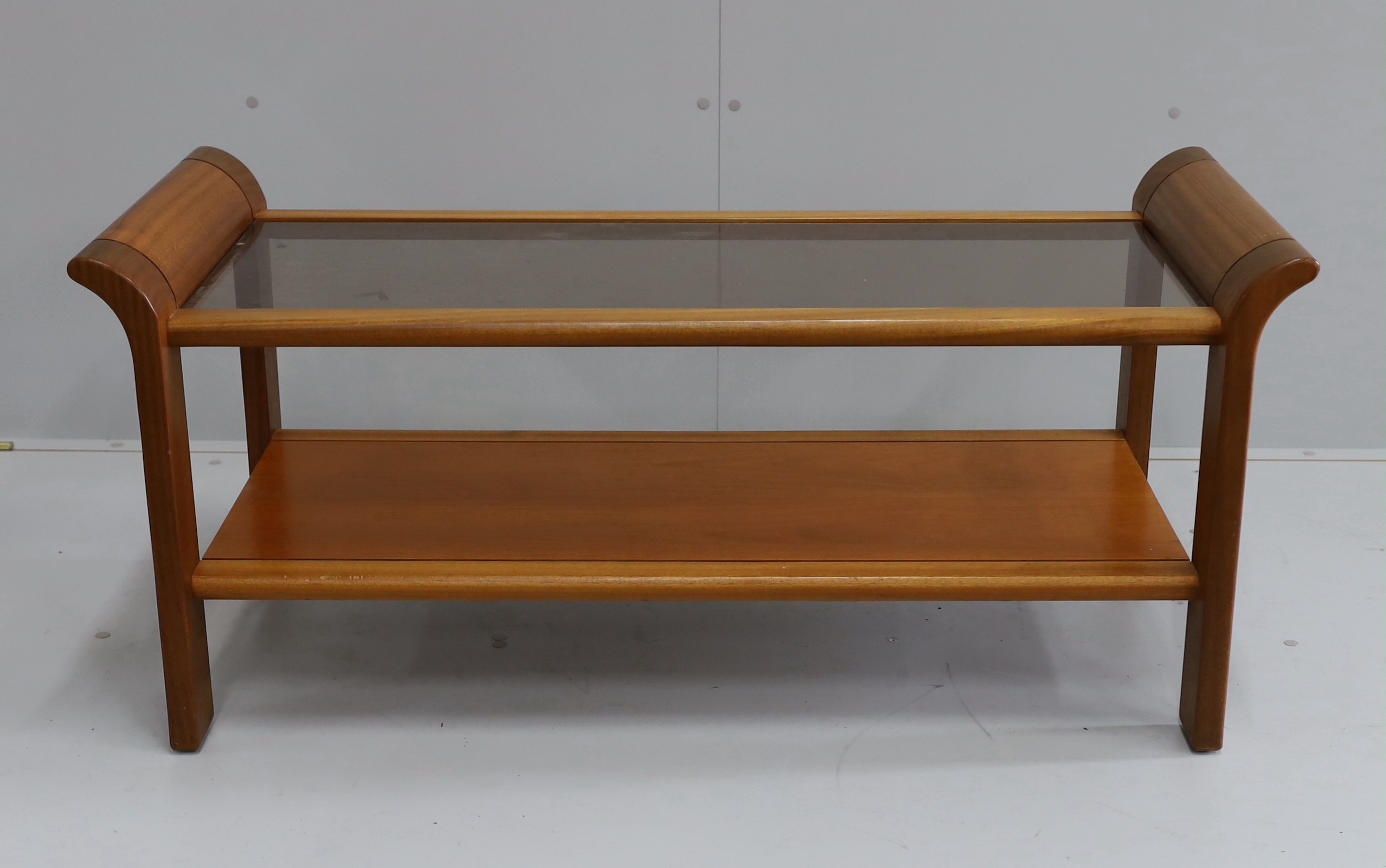 A mid century teak glass top two tier coffee table, length 113cm, depth 49cm, height 50cm